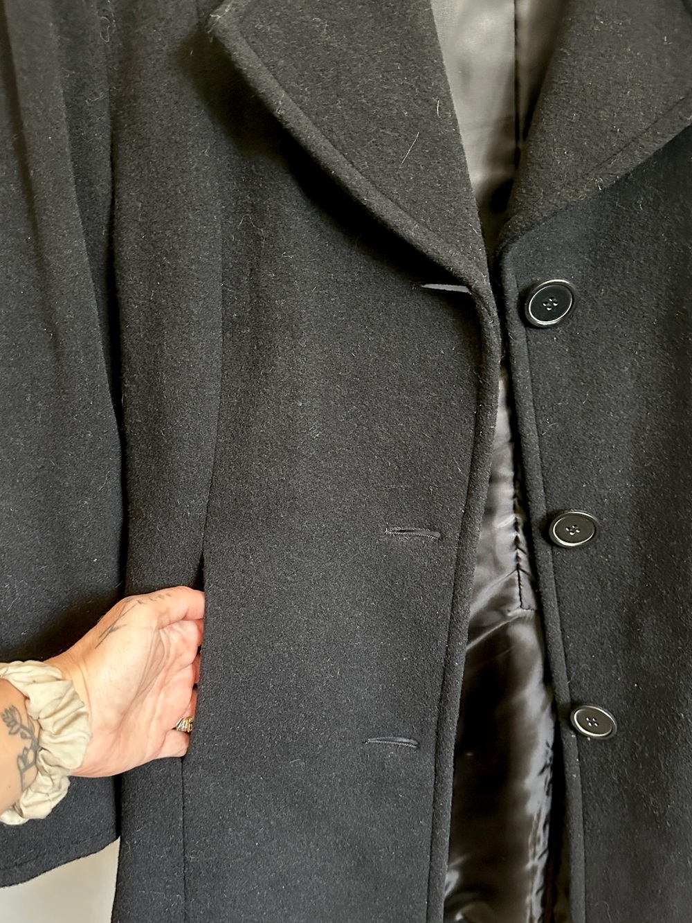 Vintage Black Wool Pea Coat | Fairweather - Tailored Three-Button Jacket Sz 10P - Picture 5 of 9